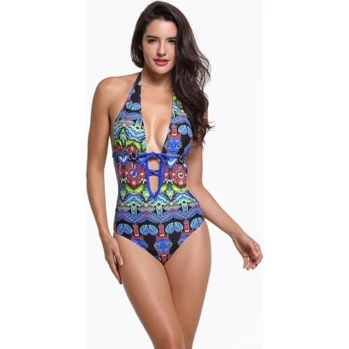 2019 New Sexy V Neck Monokini Backless Swimming Suit for Women Print One Piece Swimsuit Swimwear Bathing Suit Ladies Trikini
