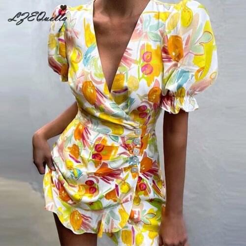 LZEQuella Women Floral Print Pleated Sexy V Neck Dress Summer 2021 High Waist A Line Party Club Dresses Vestidos NZ3787