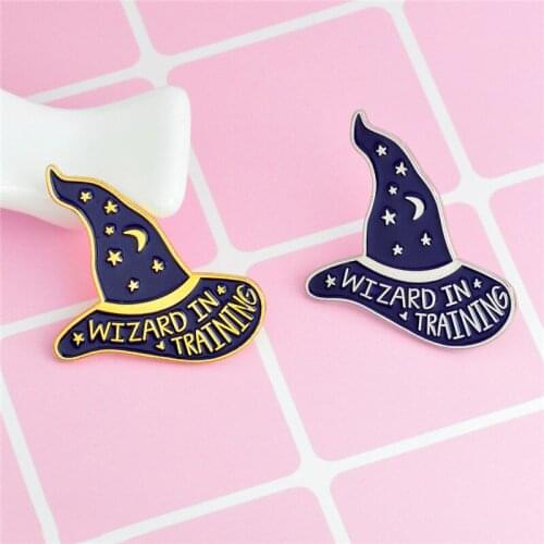 WIZARD IN TRAINING hat Moon Star Brooches Button Pin Magic world Sorting hat Badge for Bag T-shirt Jewelry Gift for Kids Friends