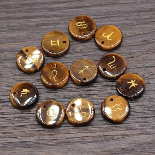 12Pc/set Natural Stone Tiger Eye Beads Reiki Heal Engraved Symbol Round Divination Rune Bead Amulet for Women or Man