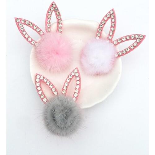 12Pcs Pink Padded Rhinestone Rabbit Ears with Mink Fur Ball Patches DIY Gloves Shoes Clothes Bags Hat Hair Clips Accessories