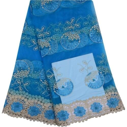 African Bead Lace Fabric Sky Blue Color Nigerian French Fabric 2018 High Quality African Tulle Lace Fabric For Women Dress 1101