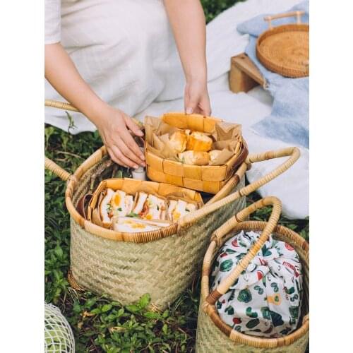 Bamboo Woven Knitted Basket Hand-Woven Storage Basket Vegetable Basket Outdoor Portable Picnic Basket Fruit Basket