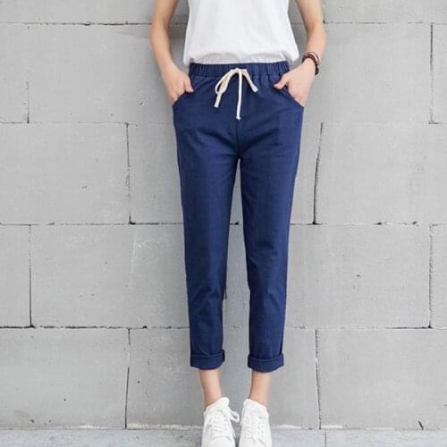 Cotton Linen Pants Women Soft Harem Pants Breathable Slim Ankle Length Pants Brand Chic Loose Korean Leisure Hallen Pants Black