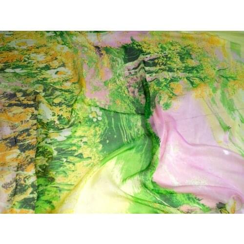 Designer 8mm 100% Natural Mulberry Silk Chiffon Fabric Green Flowers Straw Hat Firl Prints Shirt Clothes Decoration Scarf 138cm