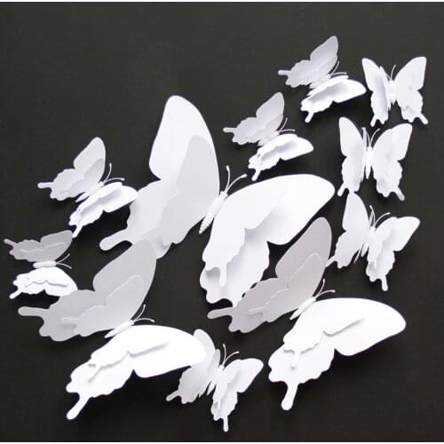 Large size 12pcs/set 3D Double layer White butterfly Wall Sticker Home decoration18cm Butterflies on wall Magnet Fridge stickers