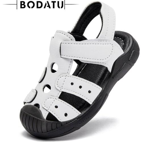 Leather Children Sandals Closed Toe Kids Sandals for Little Grils and Boys 2021 Summer Walking White Shoes Breathable Slippers