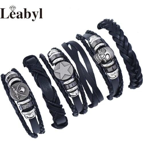 Leabyl Retro Classic Skull Star Bead Leather Wrap Vintage Mens Bracelet Set Black Braided Cowhide Leather Strap Punk Bracelet