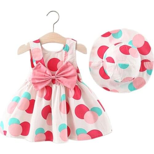 Summer Kids Dresses Baby Girls Clothing 2021 New Fashion Sweet Dot Printing With Hat Beach Holiday Children Girls Bow Dress