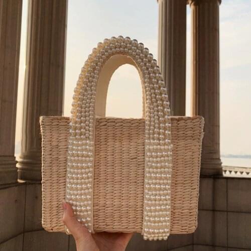 Summer Holiday Beach Bag with Pearl Large Tote Straw Bag Crossbody Bags for Women