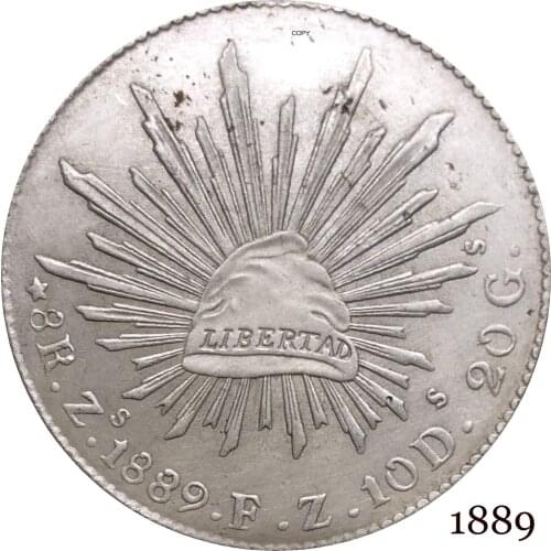 Mexico Republic Mexicana 1889 F Z 8 Reales Libertad Eagle With Snake On Cactus Radiant Cap With Rays Silver Plated Copy Coins