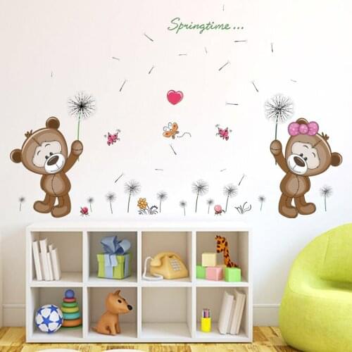 Cartoon Cute Love Bear Dandelion Wall Decal Kindergarten Childrens Room Bathroom Bedroom Wall Art Home Decoration Wall Sticker