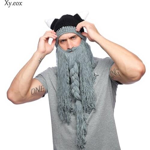 Mens Barbarian Vagabond Viking Beard Beanie Horn Hats Handmade Winter Warm Birthday Cool Gifts Funny Gag Halloween Cap