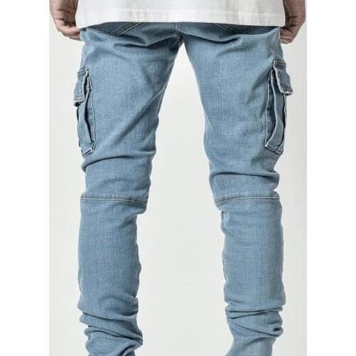 Men Casual Jeans 2021 New Fashion Multi Pockets Solid Color Denim Mid Waist Stretchy Skinny Jeans Trousers Streetwear Male Pants