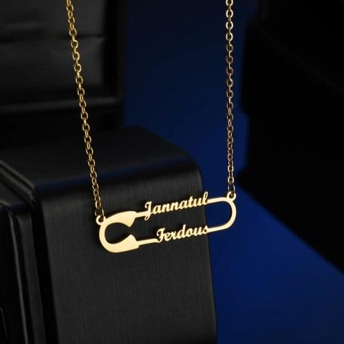 HUHUI Custom Double Names Necklace With Clip Pin Pendant Personalized Nameplate Stainless Steel Women Jewelry Anniversary Gift