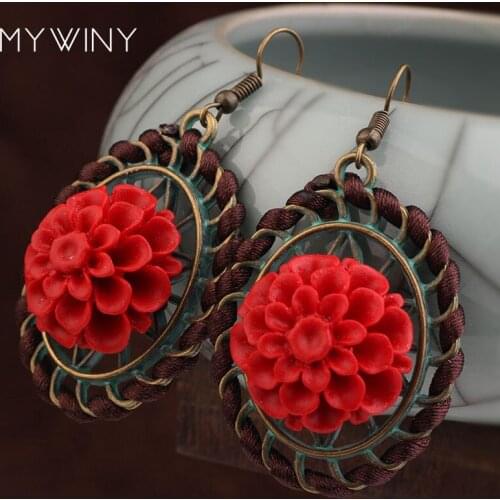 Carved lacquerware handmade braided lapis exotic earrings ,New Original vintage jewelry flowers ethnic earrings red