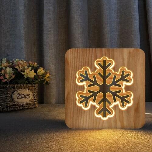 Christmas Snowflake Solid Wood Carving Table Lamp Wooden Headlights Creative USB Night Light Table Lamps Living Room Art Deco