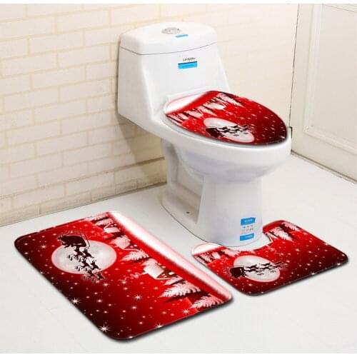 Christmas Bathroom Mat Set 3pcs Red Santa Cat Carpet Anti Slip Waterproof Banheiro Washable Toilet Rugs Alfombra Bano 50*80CM