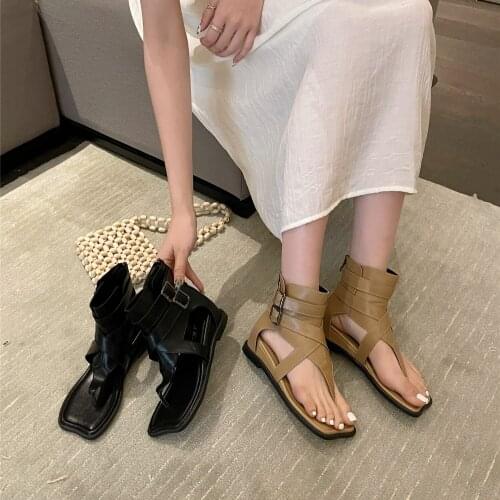 2021 Cut Out clip toe gladiator sandals women double buckle belt summer high-top shoes woman zipper cover heels sandalias mujer