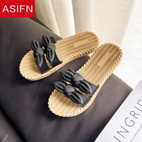 ASIFN Womens Slippers Summer Fashion Outdoor Bow Knot One-word Drag Ins Style Flat Bottom All-match Elegant Sandals Flip Flops