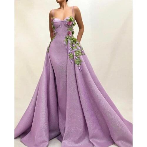 Lilac Glitter Flowers Prom Dresses 2021 Spaghetti Straps Sweetheart Formal Evening Party Dress vestidos de gala