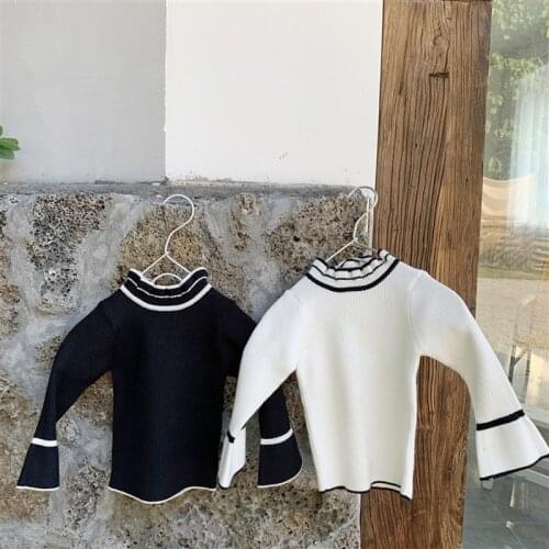 2020 Spring New Korean Style Baby Girls Knitted Sweaters Ruched Collar Tops Flare Sleeve Toddlers Kids Pullovers Sweaters
