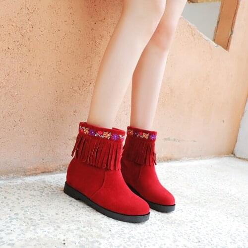 YMECHIC Autumn Winter 2019 New Flock Fringe Womens Shoes Chunky Heels Slip on Short Ankle Tassel Boots Bootie Red Pink Black
