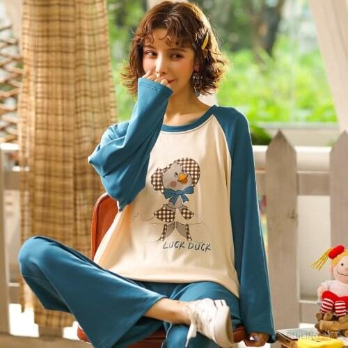 Women;s Cotton Pajama Sets Long Sleeve Pajamas knitted Loose Pijama Plus Size O-Neck Pyjama Femme Night Sleepwear Pijamas mujer