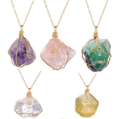 Handmade Wire Wrap Natural Quartz Stone Pendant Necklaces Irregualr Nuggets Amethysts Fluorite Rose Clear Quartz Necklaces Women