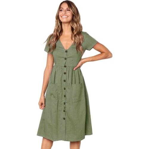 Women Summer Dresses 2021 New Summer Dress Fashion V-neck Button Pocket Short Sleeve Women mid-calf Dress Vestidos De OYM0864