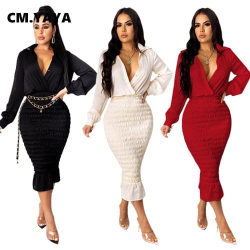 CM.YAYA Women Autumn Winter Button Up Long Sleeve Stacked Draped Mermaid Bodycon Dress Sexy Club Party Pencil Midi Dresses