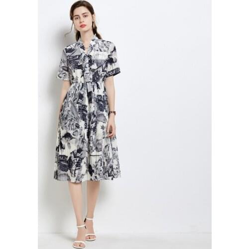 Summer Women Dress New Ink Printed Mid-length Pleated Skirt With Waist And Big Sleeve Dress Summer Short Sleeves Cool Y-48