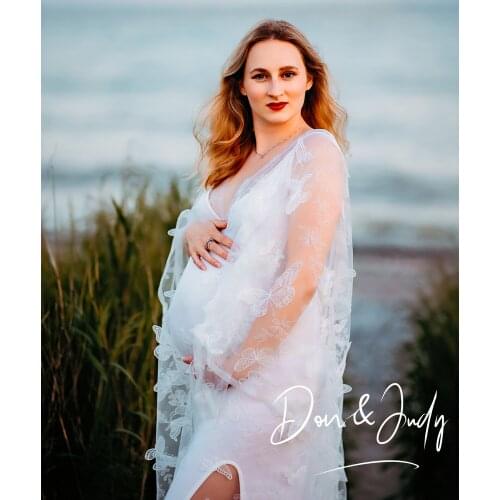 DON&JUDY Pretty White 3D Butterfly Tulle Maternity Dress for Photography Sexy See Thru V-neck Maternity Women Dresses 2021