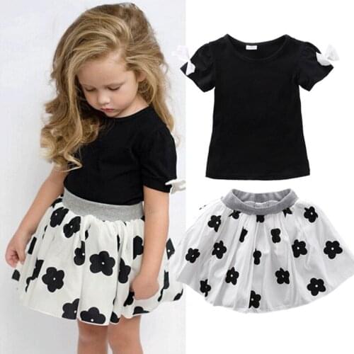 2016 Clothes Sets 2pcs Baby Girls Children Kids 2pcs Outfits Tops T-shirts Short Sleeve Solid Flower Ball Mini Skirts Sets 1-6Y