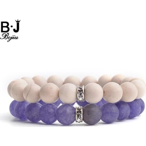 BOJIU 2 Pcs/Set Couples Distance Bracelet Classic Rondelle Natural Stone Purple White Beads Bracelets For Women Jewelry BC207