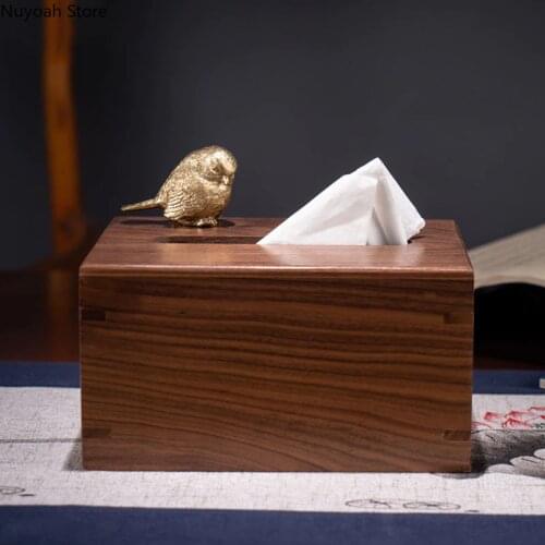 Household Wooden Tissue Box Living Room Seat Type Tissue Storage Box Golden Bird Decoration Magnetic Napkin Holder Ornaments