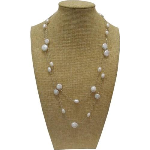 47 inches 12-13mm Natural White Coin Pearl and 7-8mm Rice Pearl Long Chain Necklace