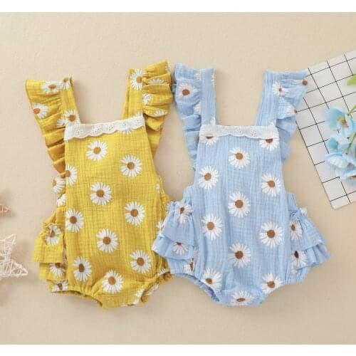 FOCUSNORM 2 Colors Newborn Baby Girls Rompers Sunflowers Printed Ruffles Short Sleeve Backless Jumpsuits 0-24M