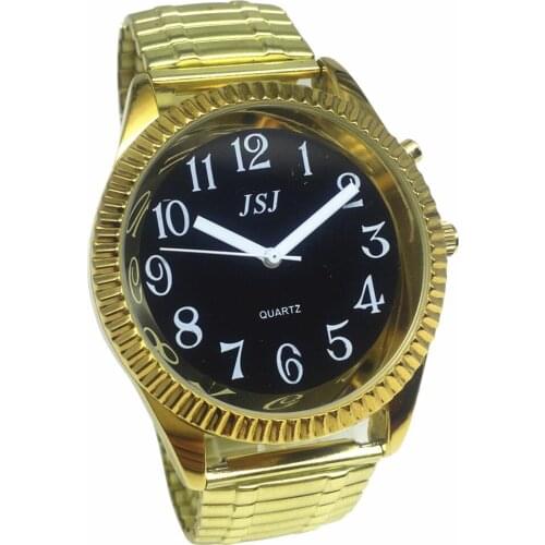 French Talking Watch with Alarm Function, Talking Date and time, Black Dial, Folding Clasp, Golden Case TAF-G302