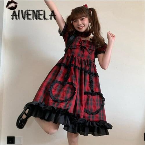 Gothic Punk Girls Lolita Ruffle OP Dress Harajuku Women Party Plaided Cake Loli Dresses Female Vestidos AFC1077