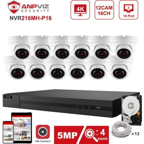 Hikvision OEM 16CH 4K NVR Anpviz 12pcs 5MP 4X POE IP Camera Security System Indoor/Outdoor IP Camera POE IP66 Hik-Connect 30m