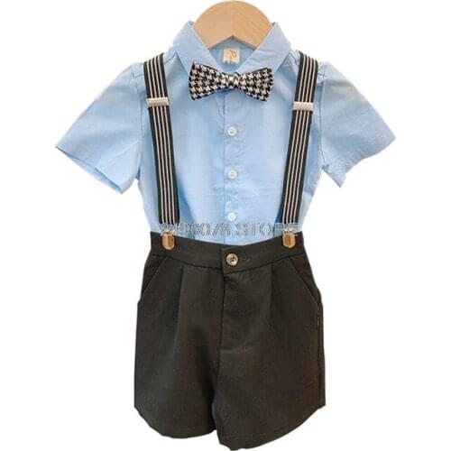 Boys School Uniform Clothing Set Kids Formal Strap+Shirt +Shorts Wedding Birthday Dress Children Piano Dance Performance Costume