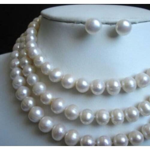 Beautiful 9-10MM White Freshwater Pearl Necklace earrings set 50"