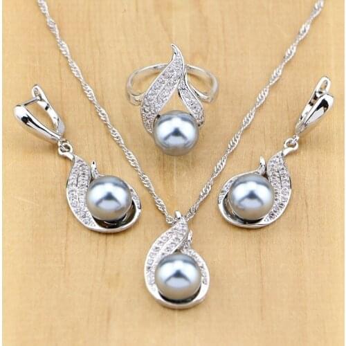 Beautiful Black Beads Pearl 925 Silver Bridal Jewelry Set For Women Drop Earrings/Pendant/Ring/Necklace Set