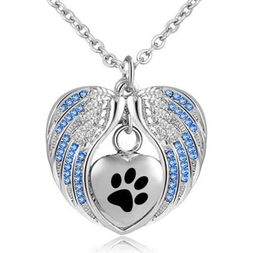 Cremation Jewelry with Angel Wing Urn Necklace for Ashes Birthstone pet Pendant Heart Memorial Keepsake -Black paw print
