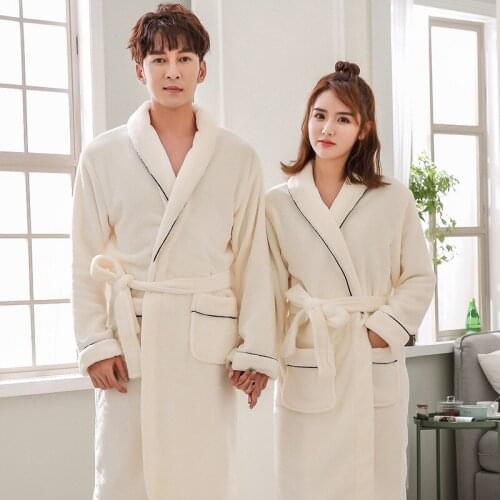 Cream Thick Warm Coral Fleece Kimono Robe Lovers Couple Nightgown Female Bath Gown Sleepwear Women Men Large Nightwear M-XXL