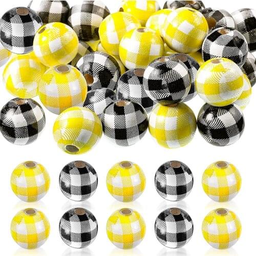 100pcs DIY Round Craft Wooden Beads Buffalo Plaids Looser Wood Spacer Bead for Making Bracelet Key Chains Home Decoration