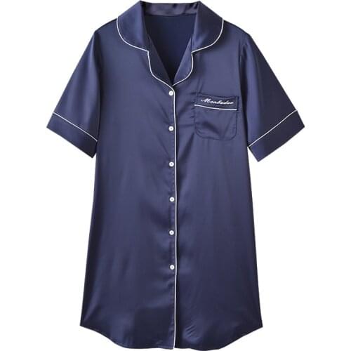 Summer Short-sleeved Long Pijama Womens Simulation Silk Lapel Nightdress Casual Loose Top Sexy Thin Ladies Home Dress Gecelik