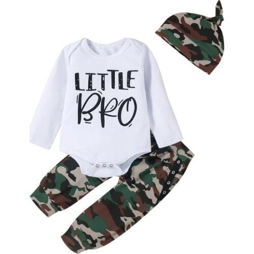 Fashion Three Piece Baby Boy’s Clothes Fashion Letter Long Sleeve Romper and Camouflage Trousers with Hat