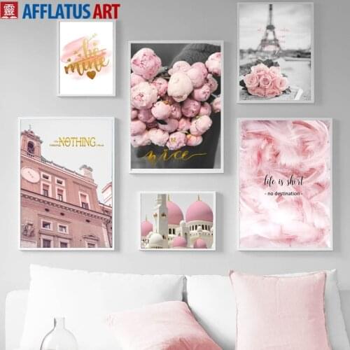 Pink Peony Rose Feather Paris Tower Quote Wall Art Canvas Painting Nordic Posters And Prints Wall Pictures For Living Room Decor